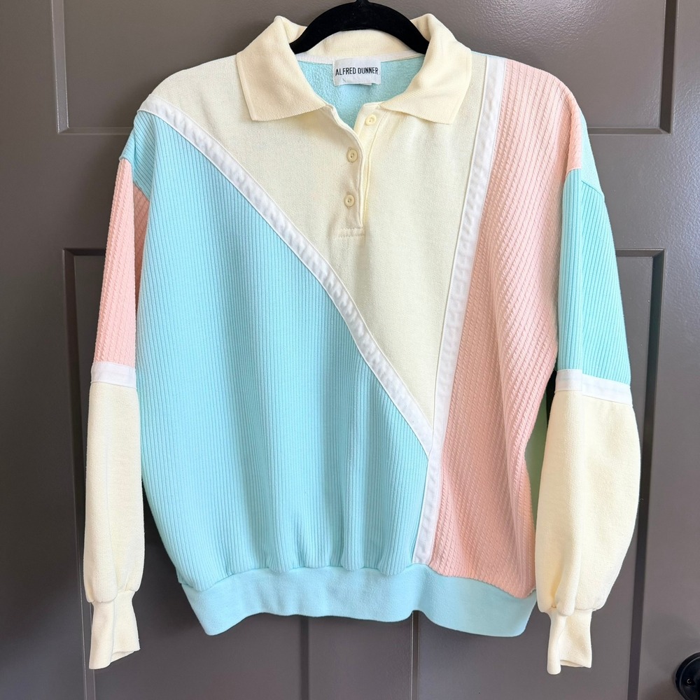 Alfred Dunner Vintage Colorblock Pastel Polo Sweatshirt Womens Medium Retro 90s